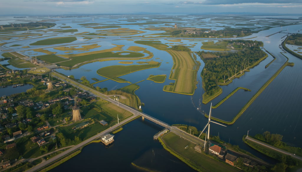 Aerial view of Dutch polders, canals, windmills, and flood-control systems protecting land from the sea.