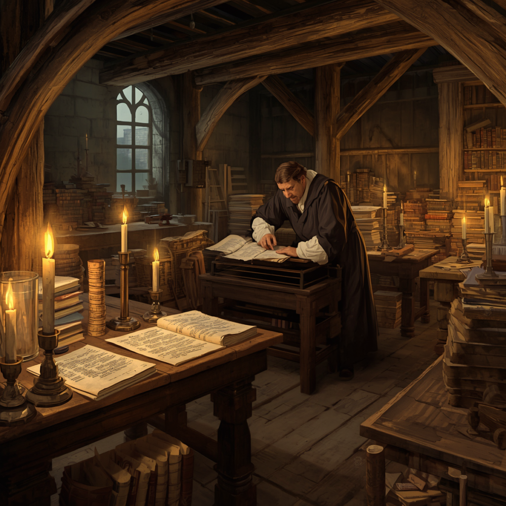 Johannes Gutenberg operating an early printing press surrounded by books and printed pages.