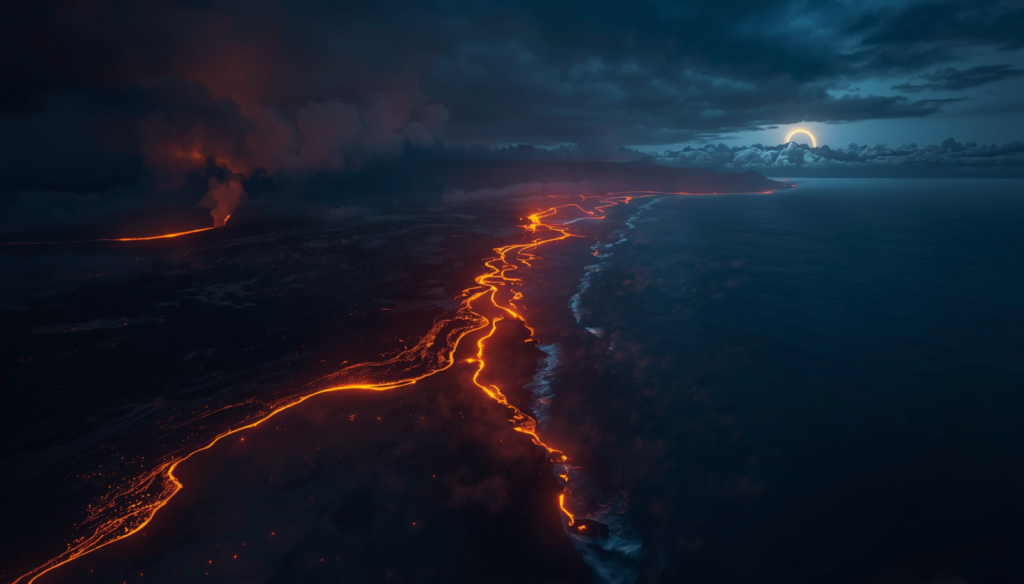  Dramatic aerial view of a volcanic eruption along a Pacific coastline at night, showing glowing lava rivers meeting the ocean — representing the Ring of Fire