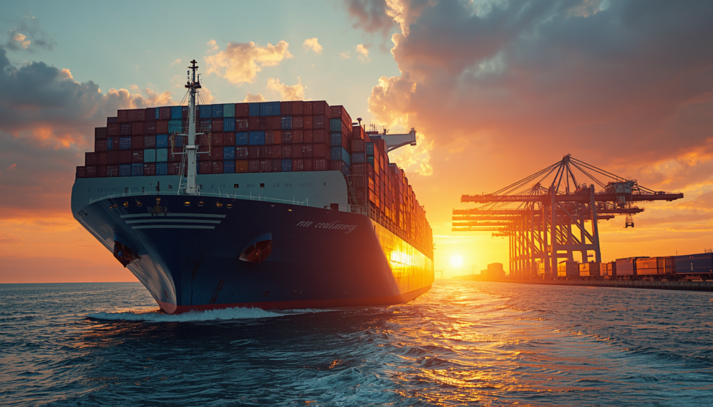 Large container ship carrying stacks of shipping containers across the ocean.