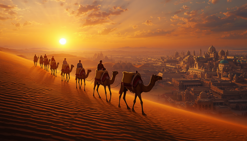 Camel caravan traveling along the Silk Road toward an ancient trading city.