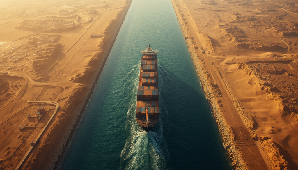 Large cargo ships navigating the Suez Canal through the Egyptian desert.