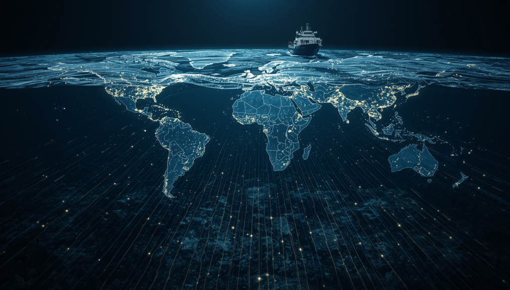 Underwater fiber-optic cables connecting continents across the ocean floor.