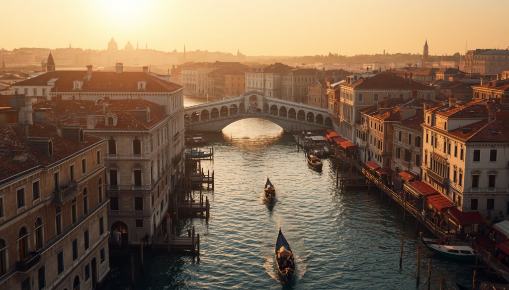 Historic Venice with canals, bridges, gondolas, and buildings rising from the water.