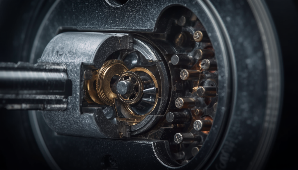 Traditional key inserted into a lock showing the internal pin tumbler mechanism.