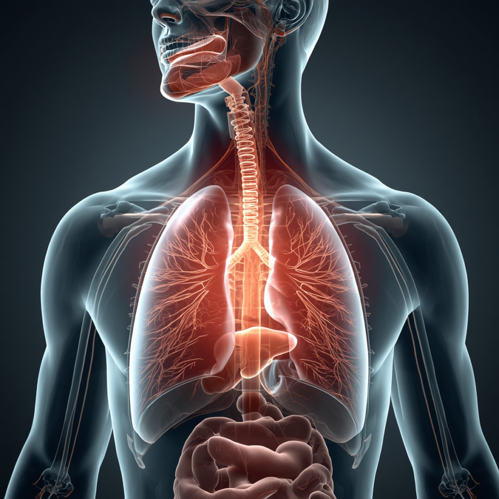 Illustration showing the diaphragm and lungs during a hiccup reflex.
