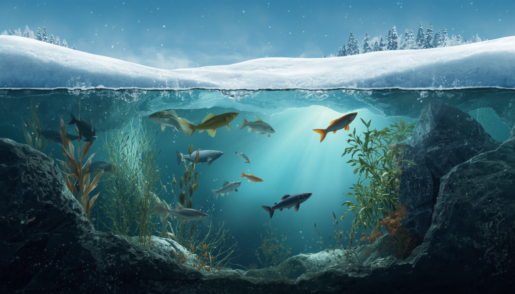 Cross-section of a frozen lake showing floating ice and aquatic life beneath the surface.