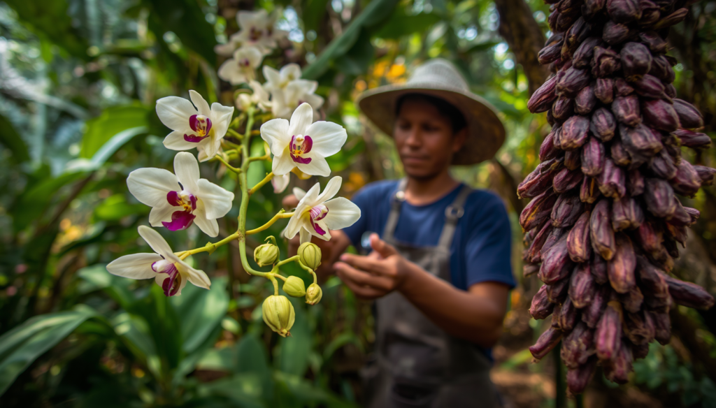 Vanilla orchid flowers and vanilla beans growing on a tropical plantation.