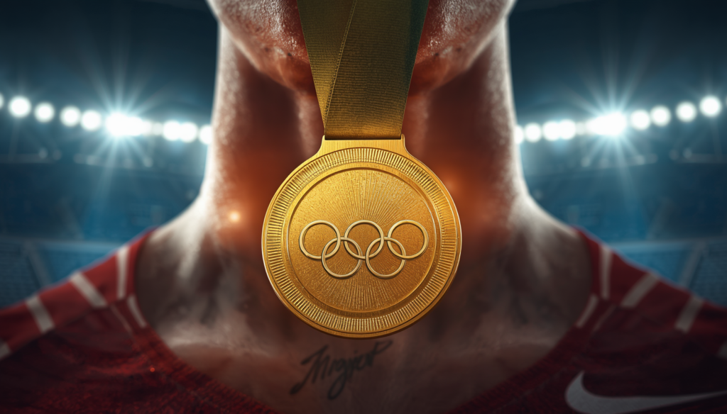Olympic gold medal illuminated by stadium lights, showing its symbolic importance in sports.