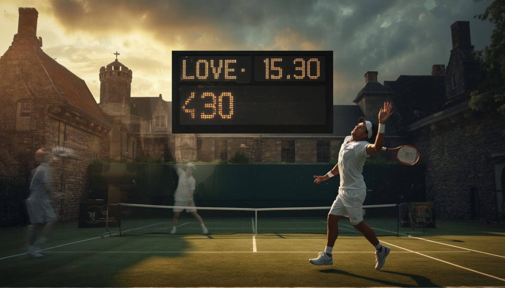 Tennis player on court with a scoreboard representing the unusual tennis scoring system.