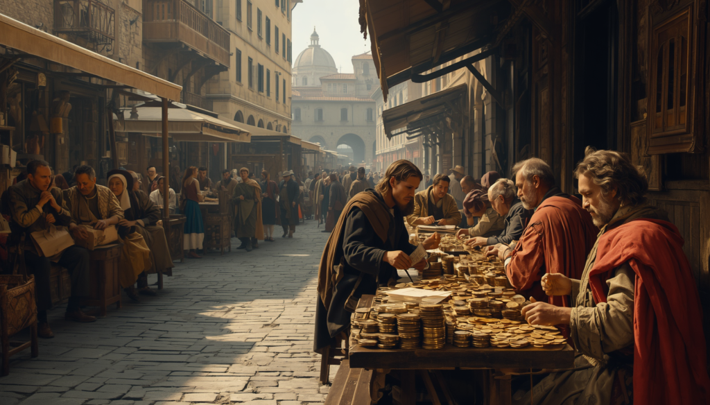 Medieval Italian money changers conducting business at wooden benches in a marketplace.