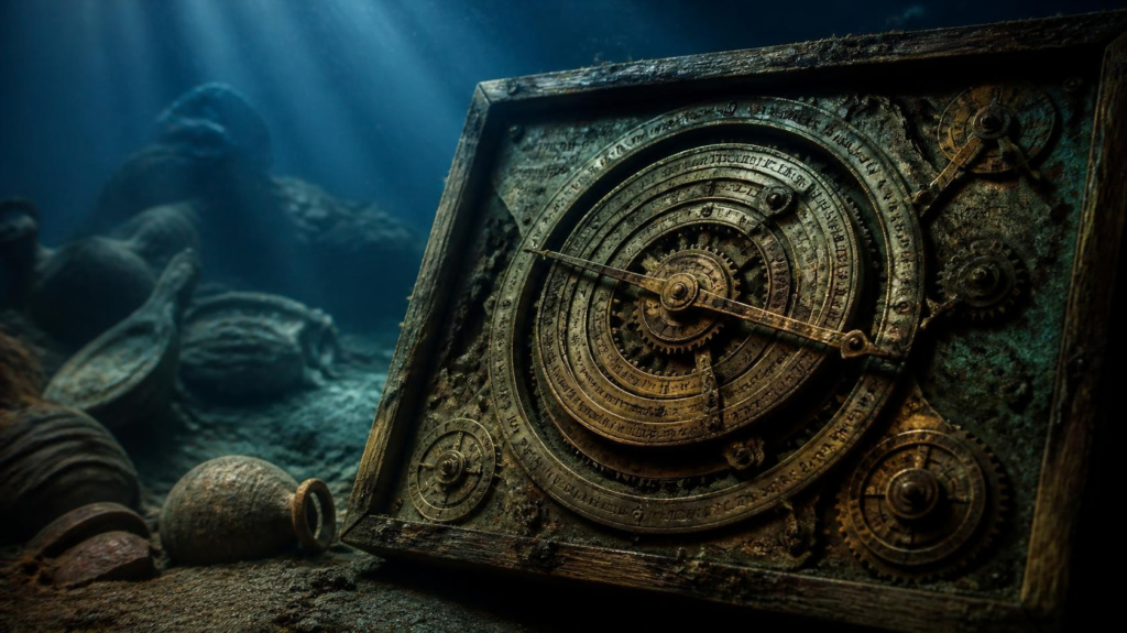 The ancient Antikythera Mechanism showing intricate bronze gears and astronomical dials.