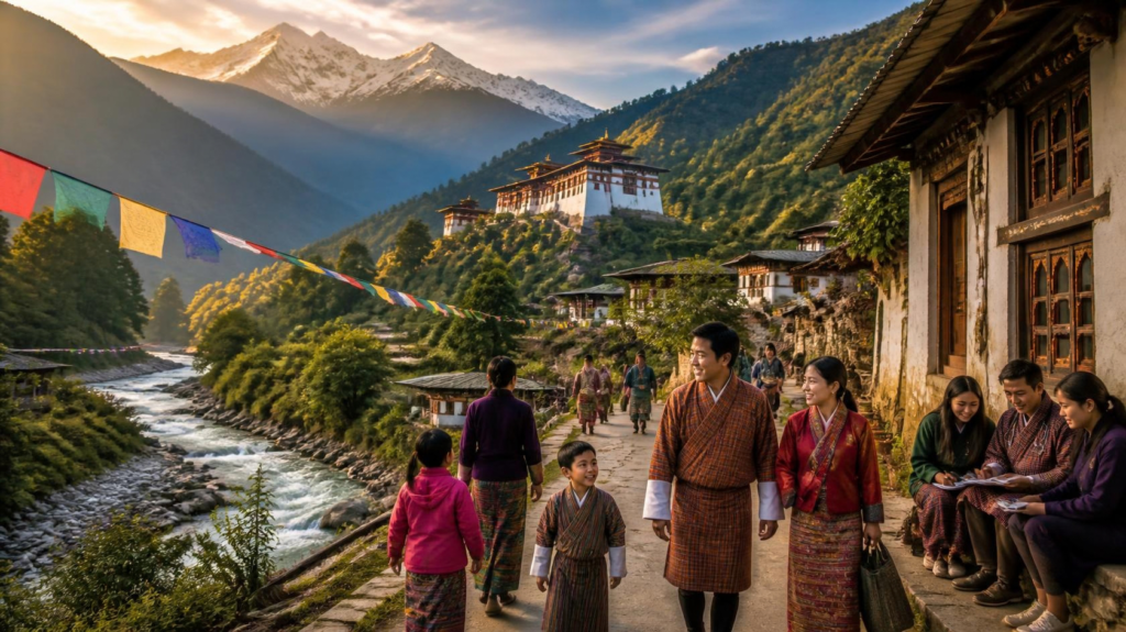 A peaceful Bhutanese mountain landscape with a monastery, traditional buildings, prayer flags, and people representing Gross National Happiness.