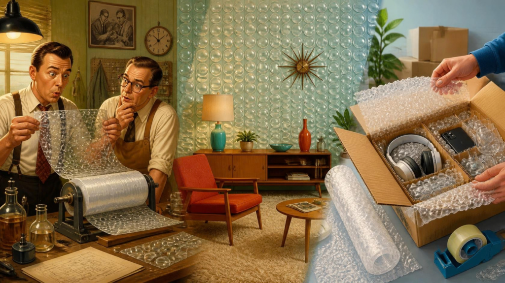 Bubble wrap shown as a failed wallpaper invention that became protective packaging