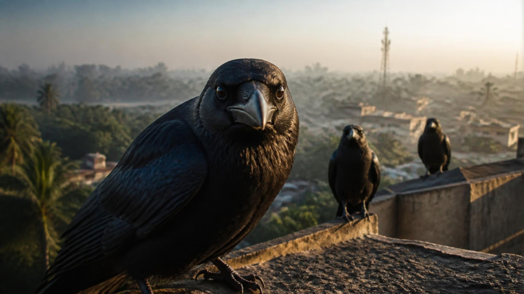 A highly detailed black crow perched on a rooftop and looking directly at the viewer.