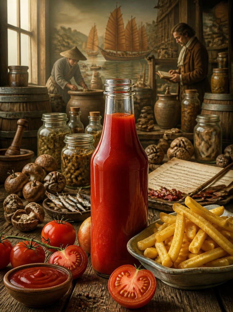 A modern bottle of tomato ketchup surrounded by historical ingredients and vintage sauce containers