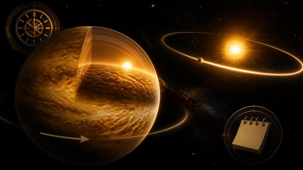 Planet Venus with golden clouds illustrating its unusually long rotation and shorter year