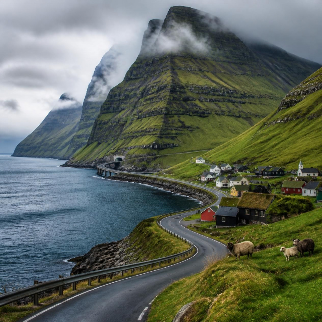 A winding road beside green mountains and the ocean in the Faroe Islands