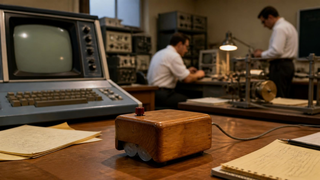 The first computer mouse made from wood with metal tracking wheels and a single button