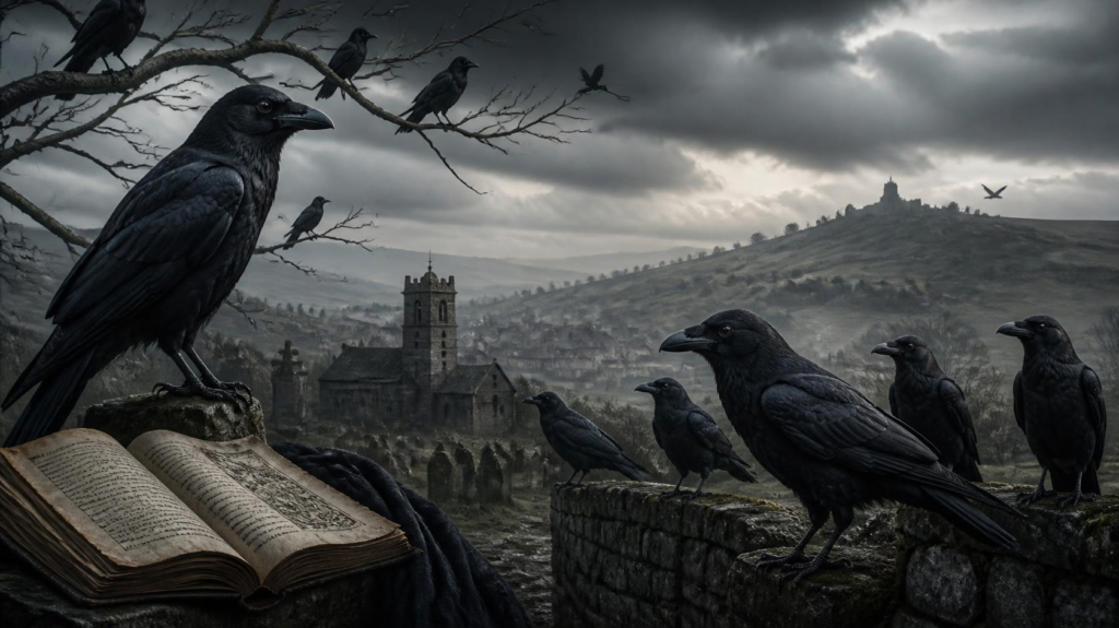 A group of black crows gathered on bare branches beneath a mysterious sky