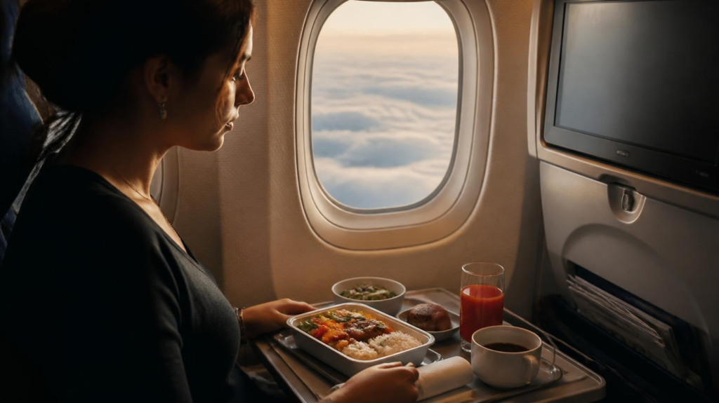 An airline meal with coffee and tomato juice served on a tray beside an airplane window.