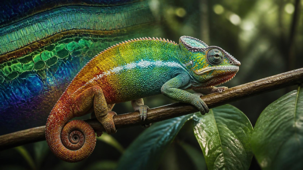 A chameleon perched on a branch with its skin displaying shades of green, blue, yellow, and orange.