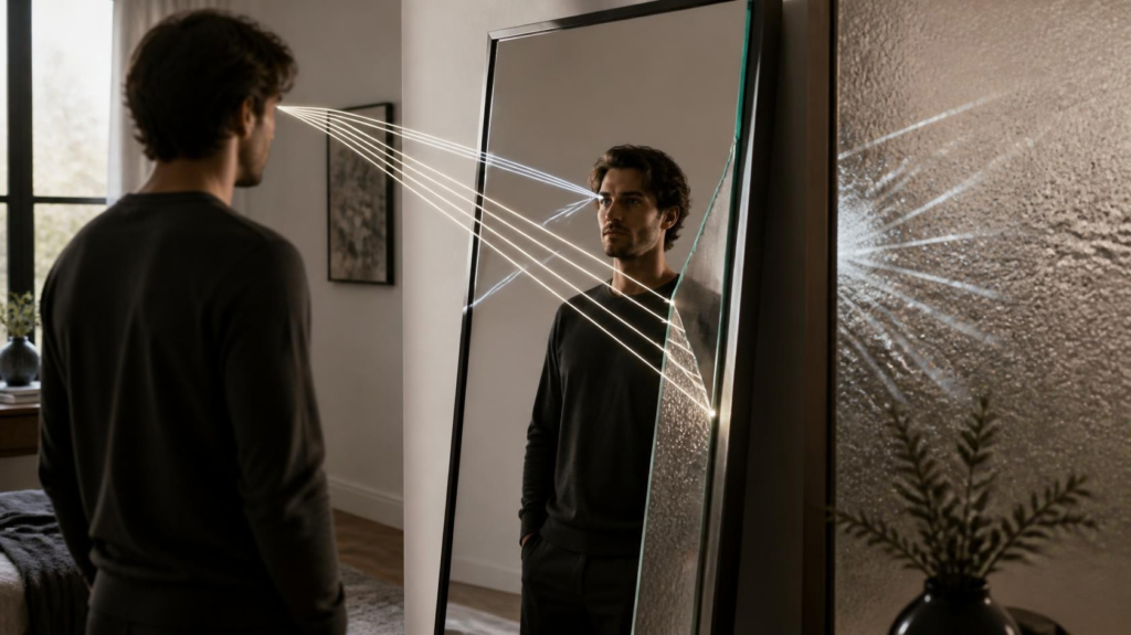 A person looking into a mirror with light rays reflecting from the mirror surface toward their eyes.